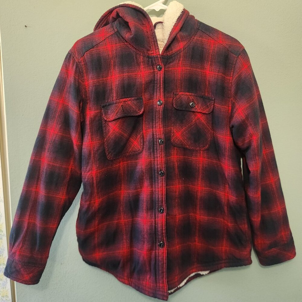 Unisex Boston Traders Sherpa Lined Hooded Flannel Plaid Coat Jacket Size M